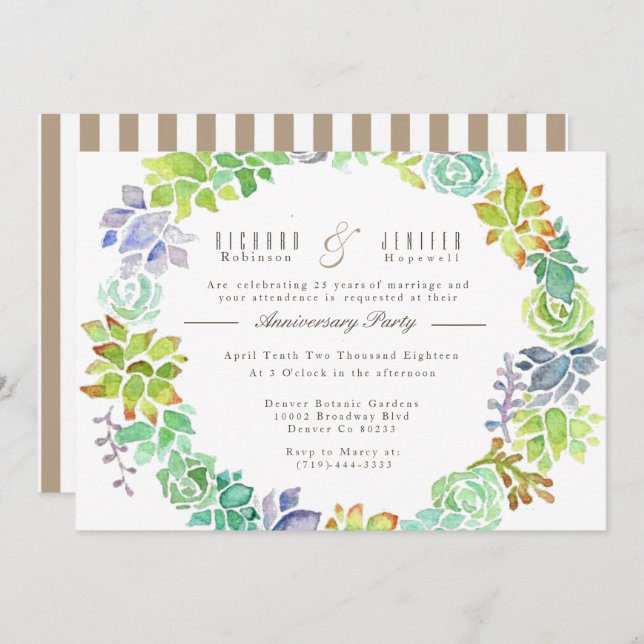 Sukkulärer Garten | Jubiläum der Aquarellfarben Pa Einladung (Vorne/Hinten)