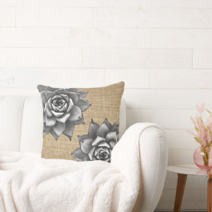 Sukkuläres Aquarellgrau auf Tan Burlap Kissen