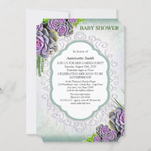Sukkuläres Sea Green, violette Bouquet Babydusche Einladung