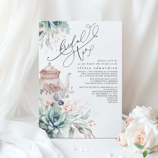Sukkulent Elegante Grüne Brautparty Teatro Sociale Einladung (Bridal Tea Rose Gold Greenery and Succulents Bridal Shower Invitation)