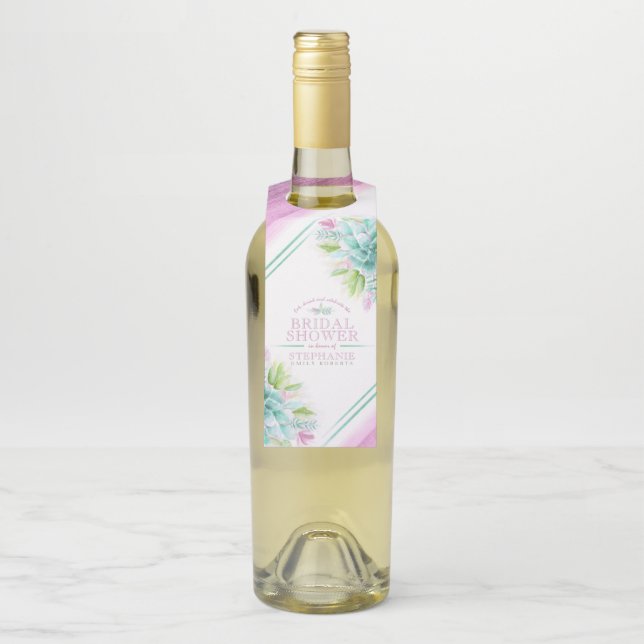 Sukkulente Aquarellkunst Grünrosa Hochzeit Brauch Flaschenanhänger (Auf Flasche)