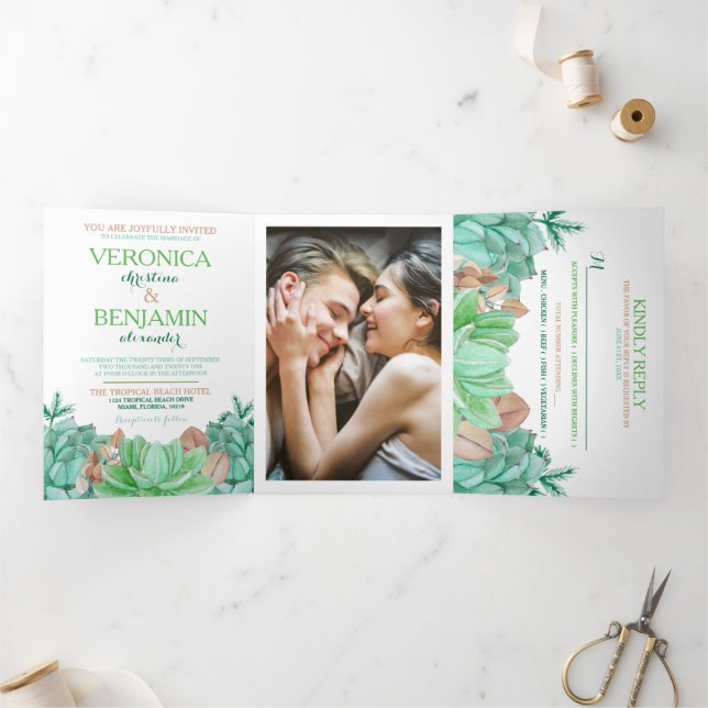 Sukkulente Bouquet Botanische Hochzeitssuite Dreifach Gefaltete Einladung (Innenseite)