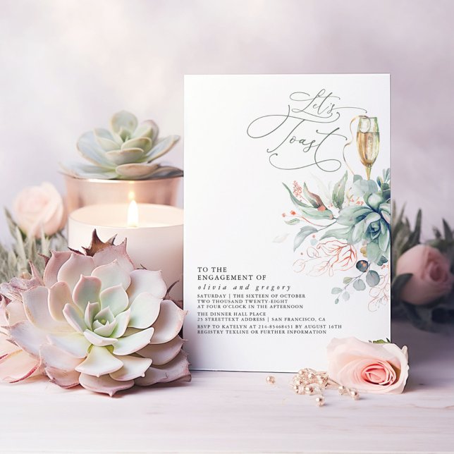Sukkulente Grünpflanzen Elegante Blätter Engagemen Einladung (Greenery and Pink Gold Elegant Engagement Party Invitation Let's Toast)