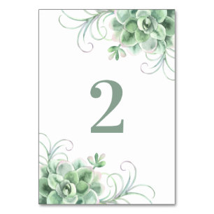 Sukkulente Hochzeit. Grüne Kakteen. Wasserfarbenka Tischnummer