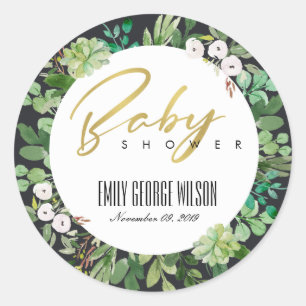 SUKKULENTE KRANZ FOLIAGE WATERCOLOR BABY-SHOWER RUNDER AUFKLEBER