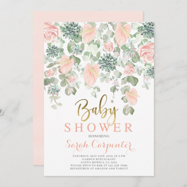 Sukkulente, Milzbrand-florale Babydusche Einladung (Vorne/Hinten)