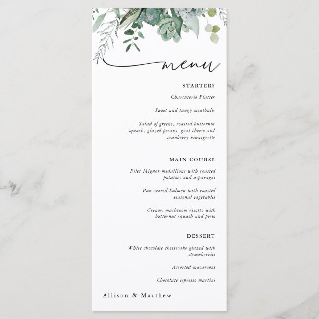 Sukkulente und Eukalyptus Greenerity Wedding Menu Menükarte (Vorderseite)