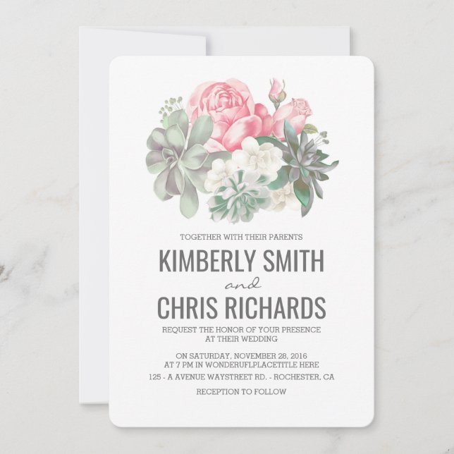 Sukkulente und rosa Blume Elegante Einfache Hochze Einladung (Vorderseite)