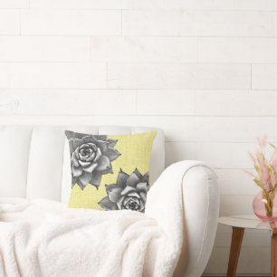 Sukkulente Wasserfarbe Grau auf Gelb Kissen