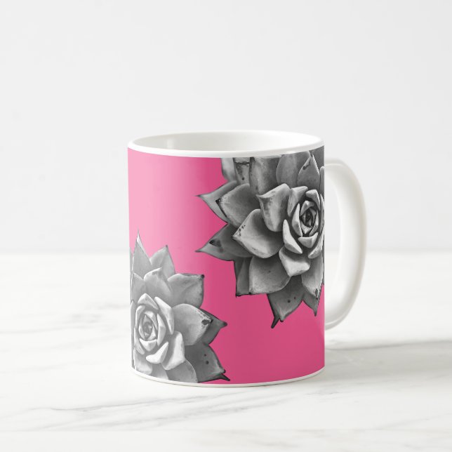 Sukkulente Wasserfarbe Grau auf Hot Pink Kaffeetasse (VorderseiteRechts)