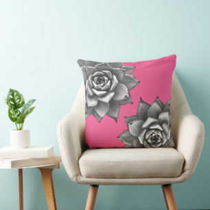 Sukkulente Wasserfarbe Grau auf Hot Pink Kissen