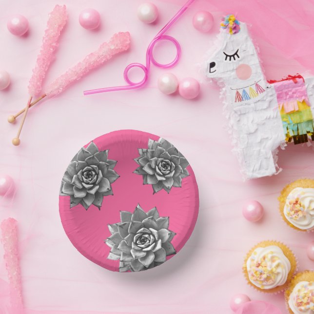 Sukkulente Wasserfarbe Grau auf Hot Pink Pappteller (Party)