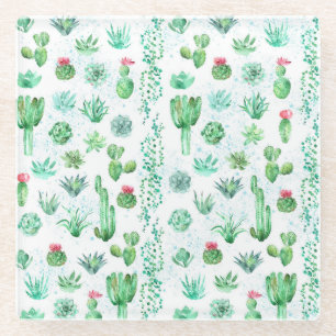 Sukkulenter Garten: Aquarellfarbener, nahtloser Hi Glasuntersetzer