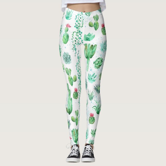 Sukkulenter Garten: Aquarellfarbener, nahtloser Hi Leggings (Vorderseite)
