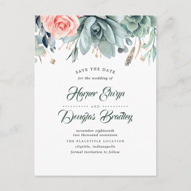 Sukkulturen und rosa rosa botanisch Save the Date Ankündigungspostkarte (Vorderseite)