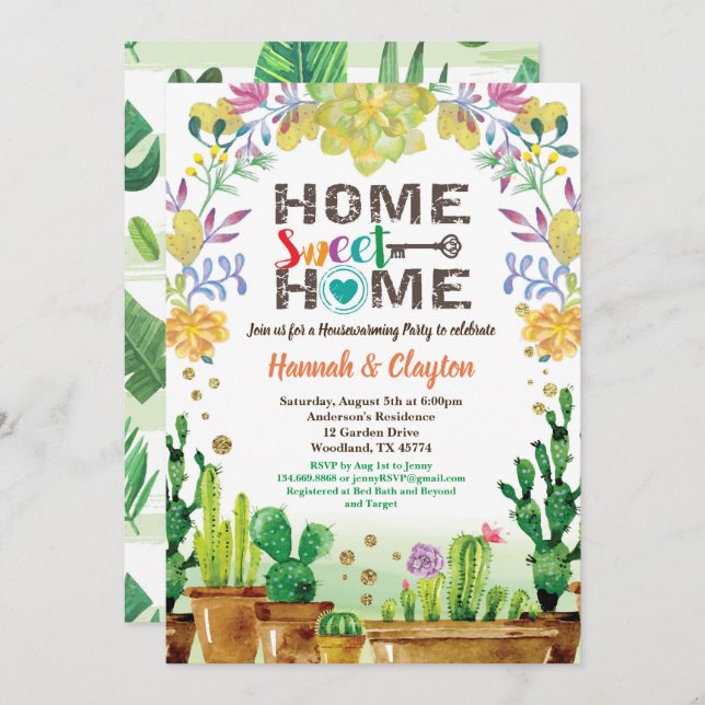 Sukulente Party Einladung zur Erwärmung des Hauses (Vorne/Hinten)