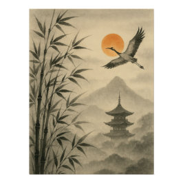 Sumi-e Crane Bamboo Poster | Traditional Japanese