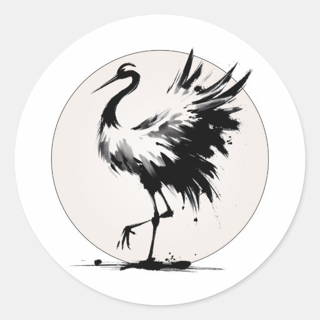 Sumi-e Crane Round Sticker (Vorderseite)