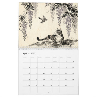 Sumi-e Hanafuda Katzen – 12 Monate Japans an der W Kalender