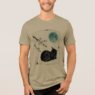 Sumi-e Schwarze Katze Blaue Mond Kirschblüten Kuns Tri-Blend Shirt