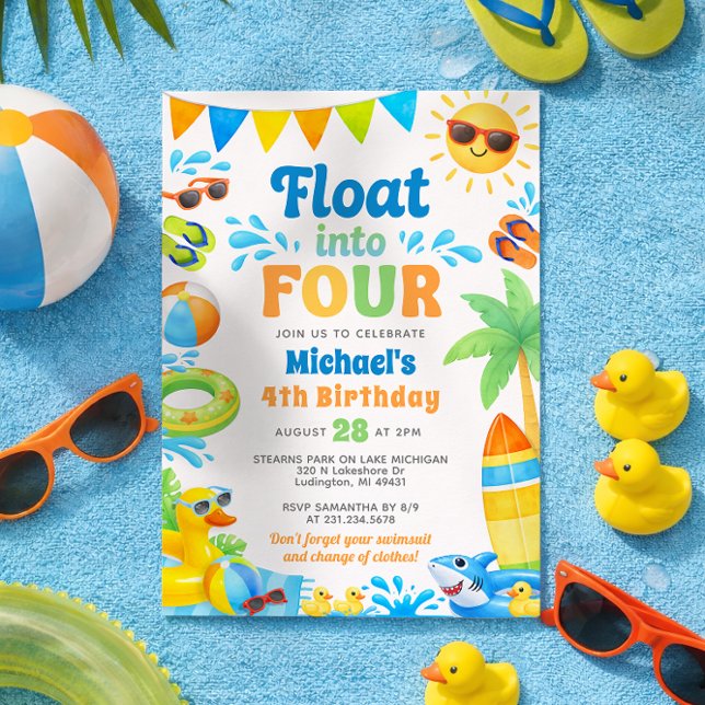 Summer 4th Birthday Invitation - Float into Four Einladung (Boy 4th Birthday Invitation - Summer Beach Pool Party - Float into Four)