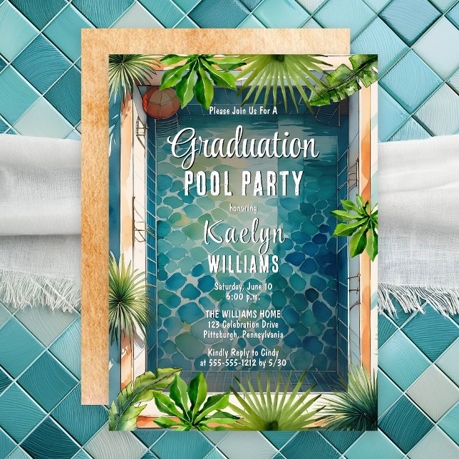 Summer Abschluss Pool Party Einladung (Luxury Mediterranean Style Summer Graduation Pool Party Invitation - Print | Digital Download)