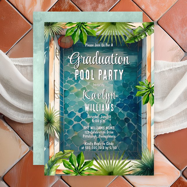 Summer Abschluss Pool Party Einladung (Luxury Mediterranean Style Summer Graduation Pool Party Invitation - Print | Digital Download)