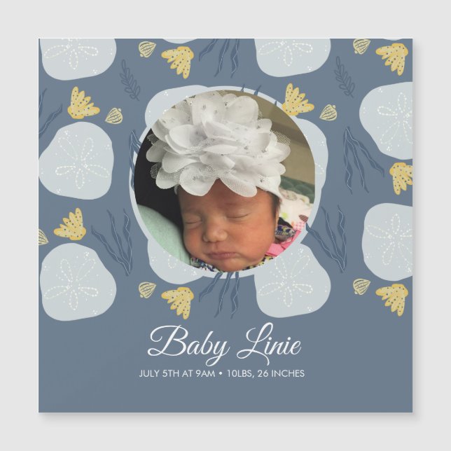 Summer Baby Beach Thema Border Blue Foto Birth Magnetkarte (Vorderseite)