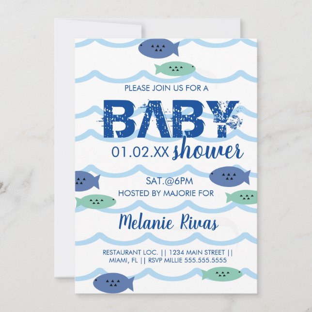 Summer Baby Dusche Blue Waves Fish Einladung (Vorderseite)
