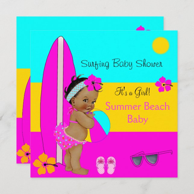 Summer Baby Shower Girl Beach Baby Surfen Ethnisch Einladung (Vorne/Hinten)
