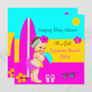 Summer Baby Shower Girl Beach Surfen Brünett Einladung