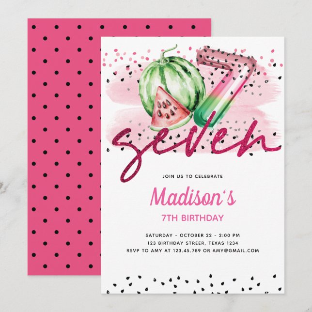 Summer Balloon Letters Melon 7. Geburtstag Einladung (Vorne/Hinten)