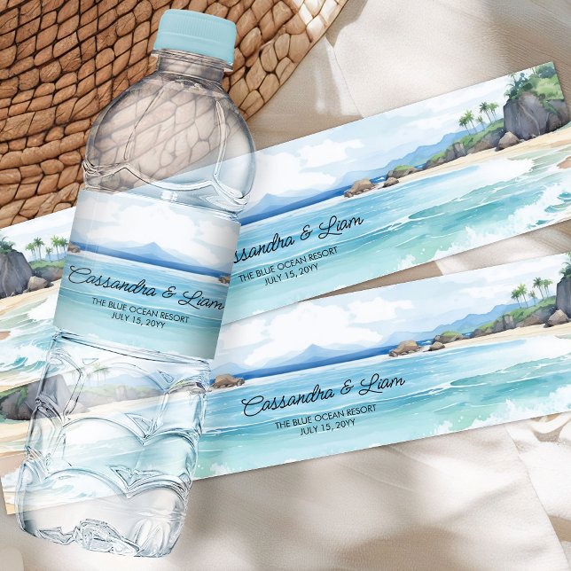 Summer Beach Blue Ocean Seascape Hochzeit Wasserflaschenetikett (Water Bottle Labels from the Summer Beach Wedding Collection by Darling & May)