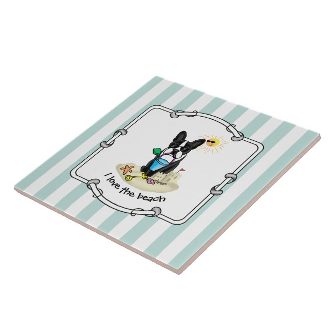 Summer Beach Boston Terrier Dog (schwarz) Niedlich Fliese (Seite)