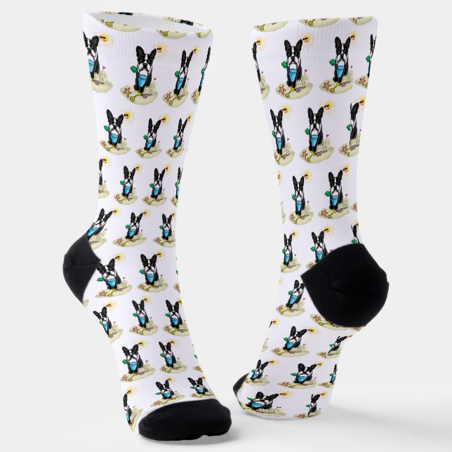 Summer Beach Boston Terrier (schwarz) - Niedlicher Socken (Gewinkelt)
