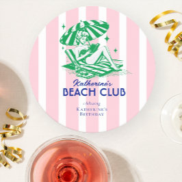 Summer Beach Club Pink Stripes Birthday Party Runder Pappuntersetzer