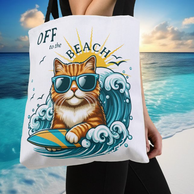 Summer Beach Cool Surf Cat (Tote bag featuring a cute kitty with sunglasses on a surf board on the waves and a warm summer sun.)