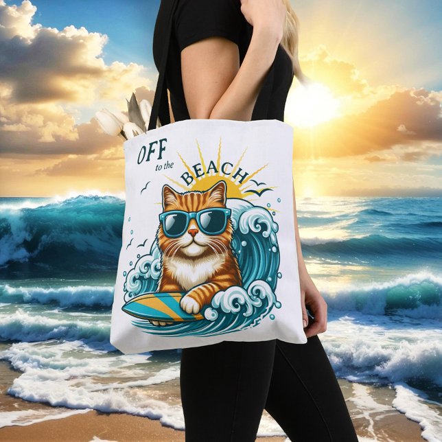 Summer Beach Cool Surf Cat (Tote bag featuring a cute kitty with sunglasses on a surf board on the waves and a warm summer sun. )