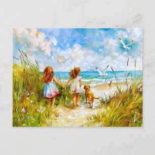 Summer Beach Day mit Mädchen und Hund Feiertagspostkarte