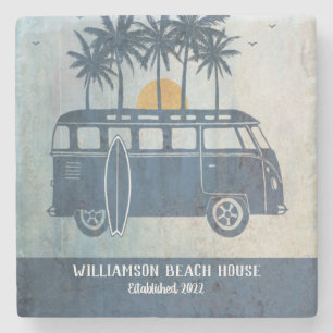 Summer Beach House Retro Surf Van Mit Monogramm Steinuntersetzer