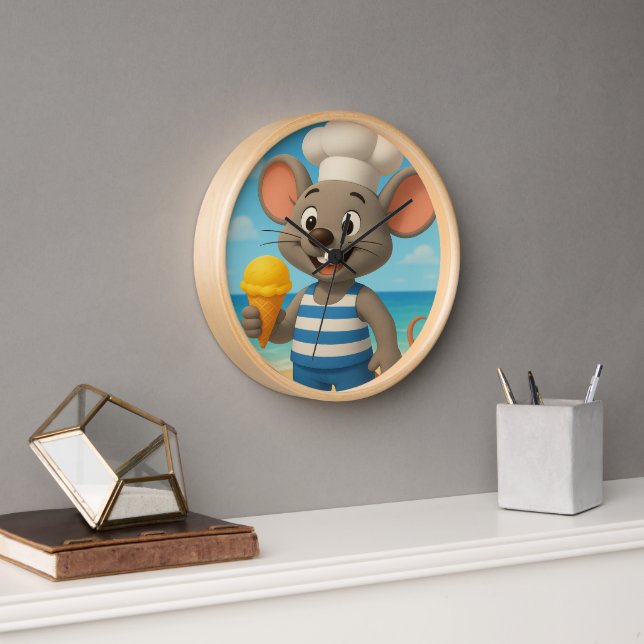 Summer Beach Mouse Wall Uhr | Niedlicher Cartoon I (Büro)