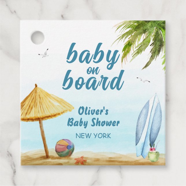 Summer Beach Ocean Surfboard Babydusche Geschenkanhänger (Vorderseite)