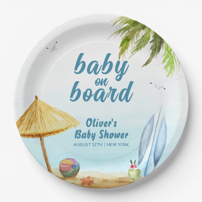Summer Beach Ocean Surfboard Babydusche Pappteller (Vorderseite)