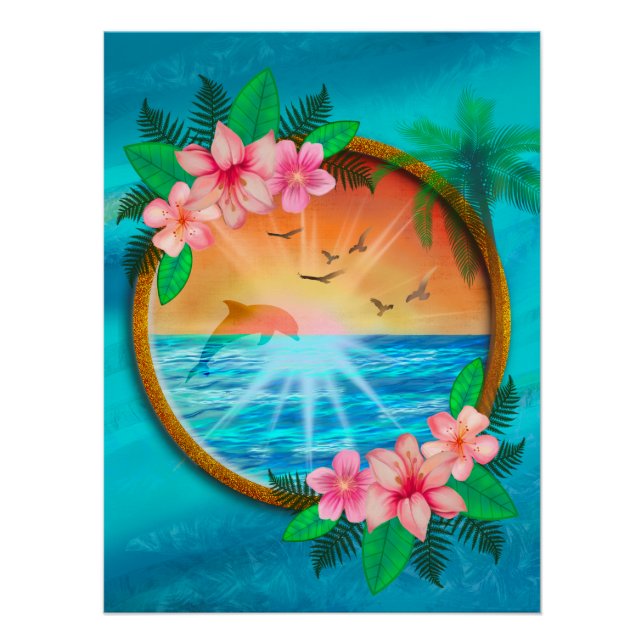 Summer Beach Ocean Vögel fliegen in Himmel und wur Poster (Vorderseite)