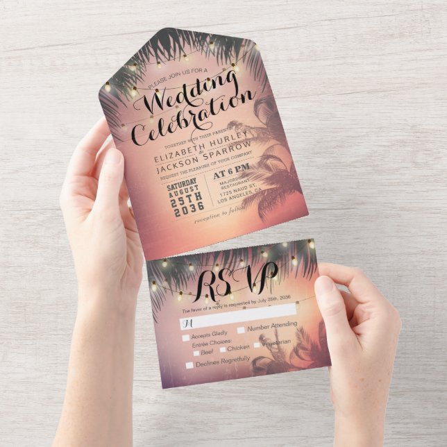 Summer Beach Palm Tree String Lights Wedding RSVP All In One Einladung (Abreißen)