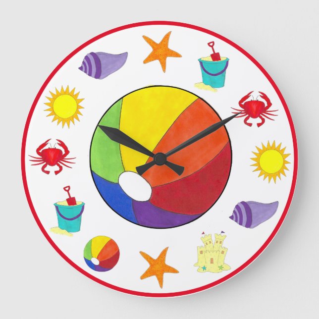 Summer Beach Partys Sandcastle Starfish Beachball Große Wanduhr (Vorderseite)