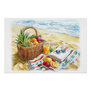 Summer Beach Picnic Watercolor Illustration - Vibr Poster