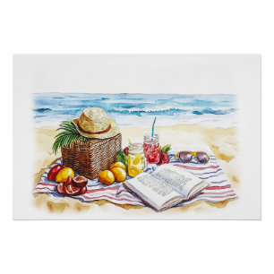 Summer Beach Picnic Watercolor Illustration - Vibr Poster