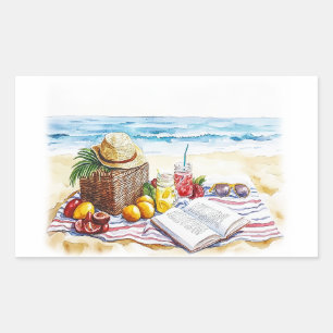 Summer Beach Picnic Watercolor Illustration - Vibr Rechteckiger Aufkleber