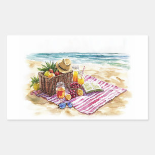 Summer Beach Picnic Watercolor Illustration - Vibr Rechteckiger Aufkleber